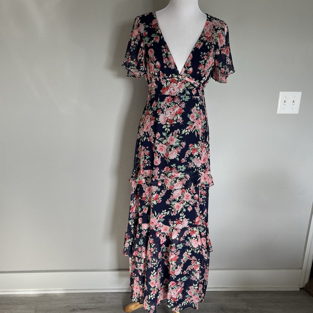 Lulus Maxi Dress Sz M Midnight Mood Lilac Floral Print Tiered Slit Wedding Guest